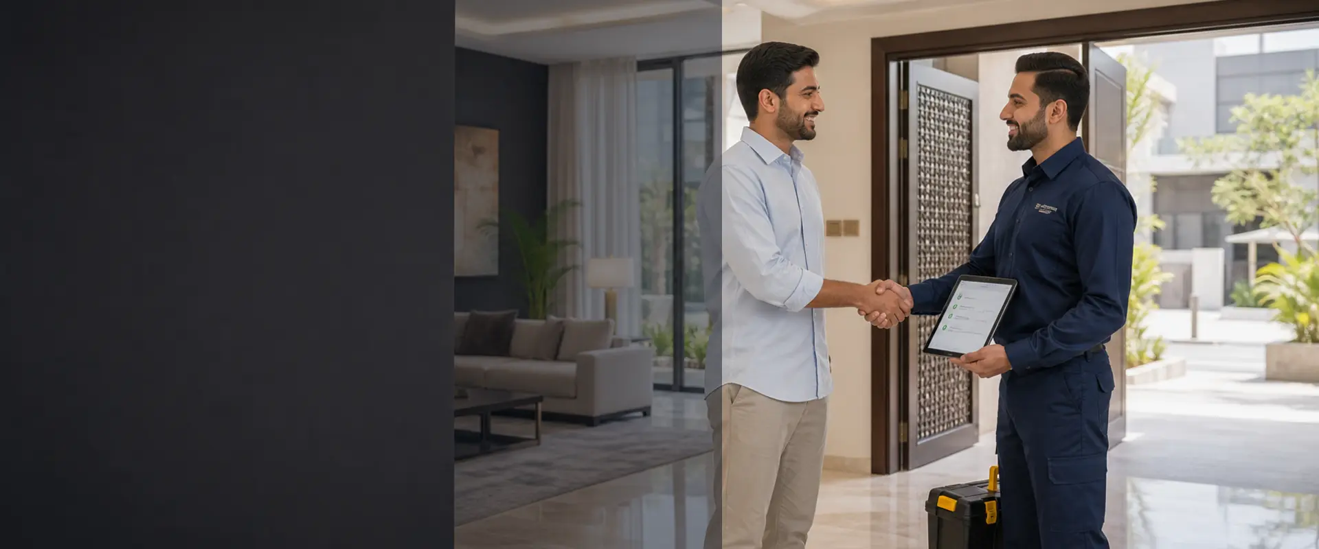 Happy Dubai homeowner with a Zavior Fix maintenance technician after a completed service