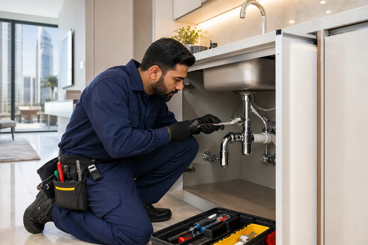 Professional plumber repairing sink pipes in a modern Dubai home