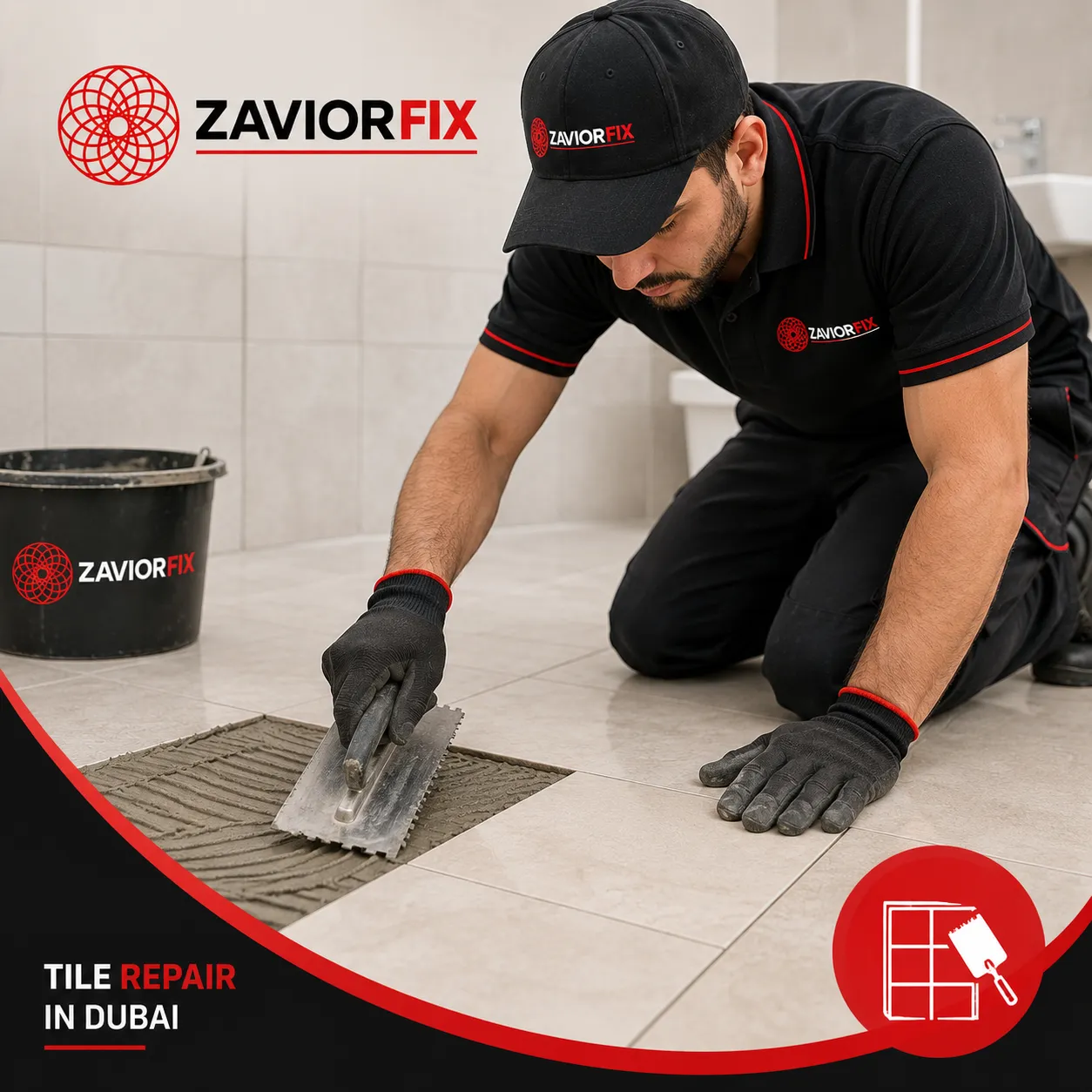 Professional mason installing wall tiles in a Dubai villa