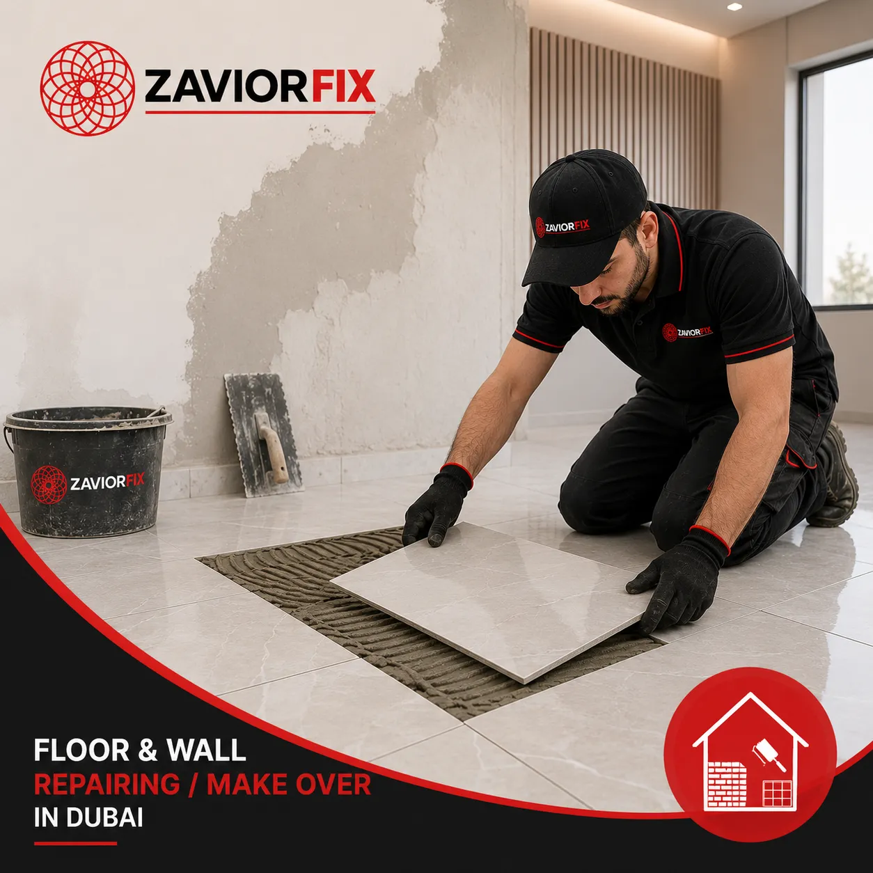 Professional mason installing wall tiles in a Dubai villa