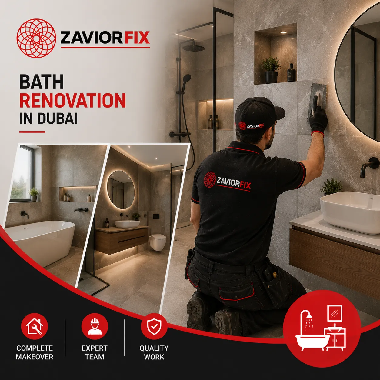 Professional mason installing wall tiles in a Dubai villa