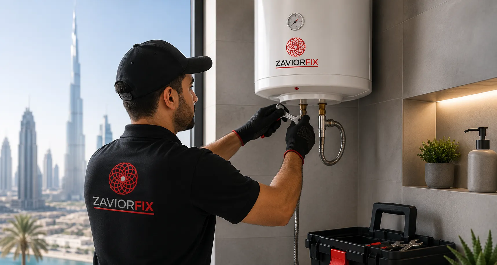 Professional plumber repairing sink pipes in a modern Dubai home