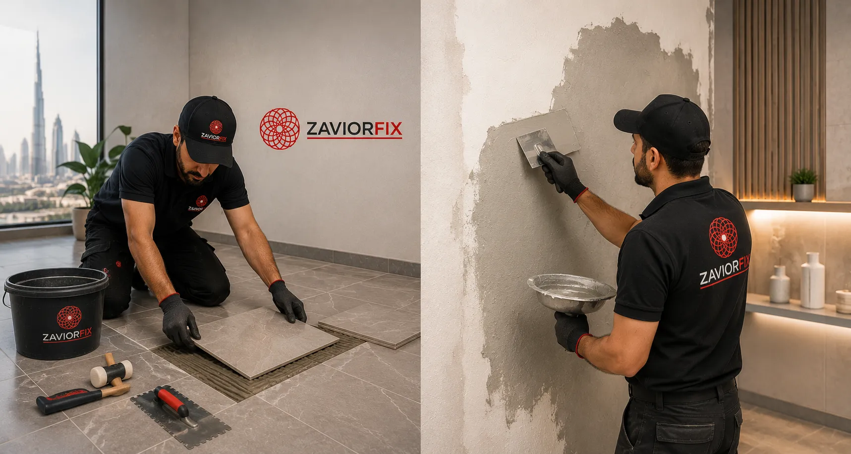 Professional mason installing wall tiles in a Dubai villa