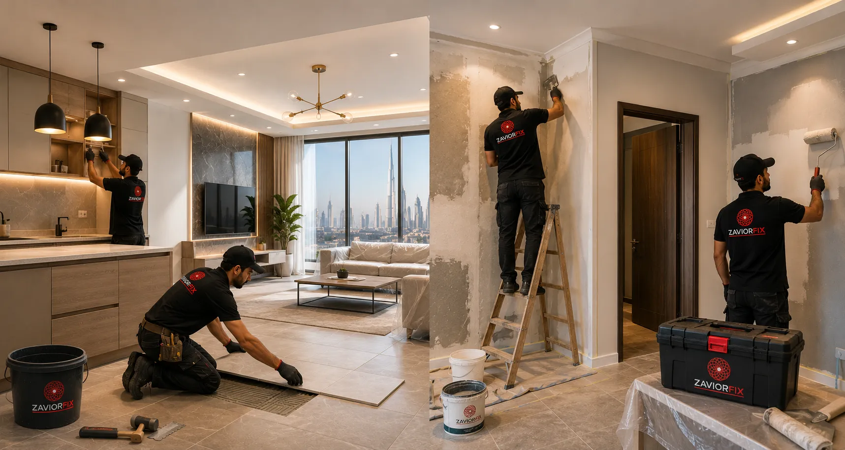 Professional mason installing wall tiles in a Dubai villa