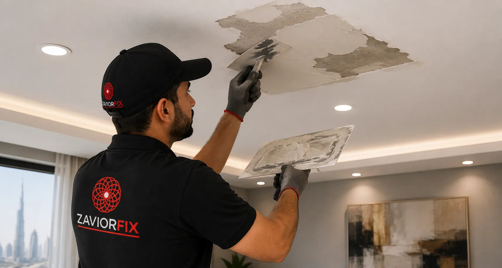 Professional mason installing wall tiles in a Dubai villa