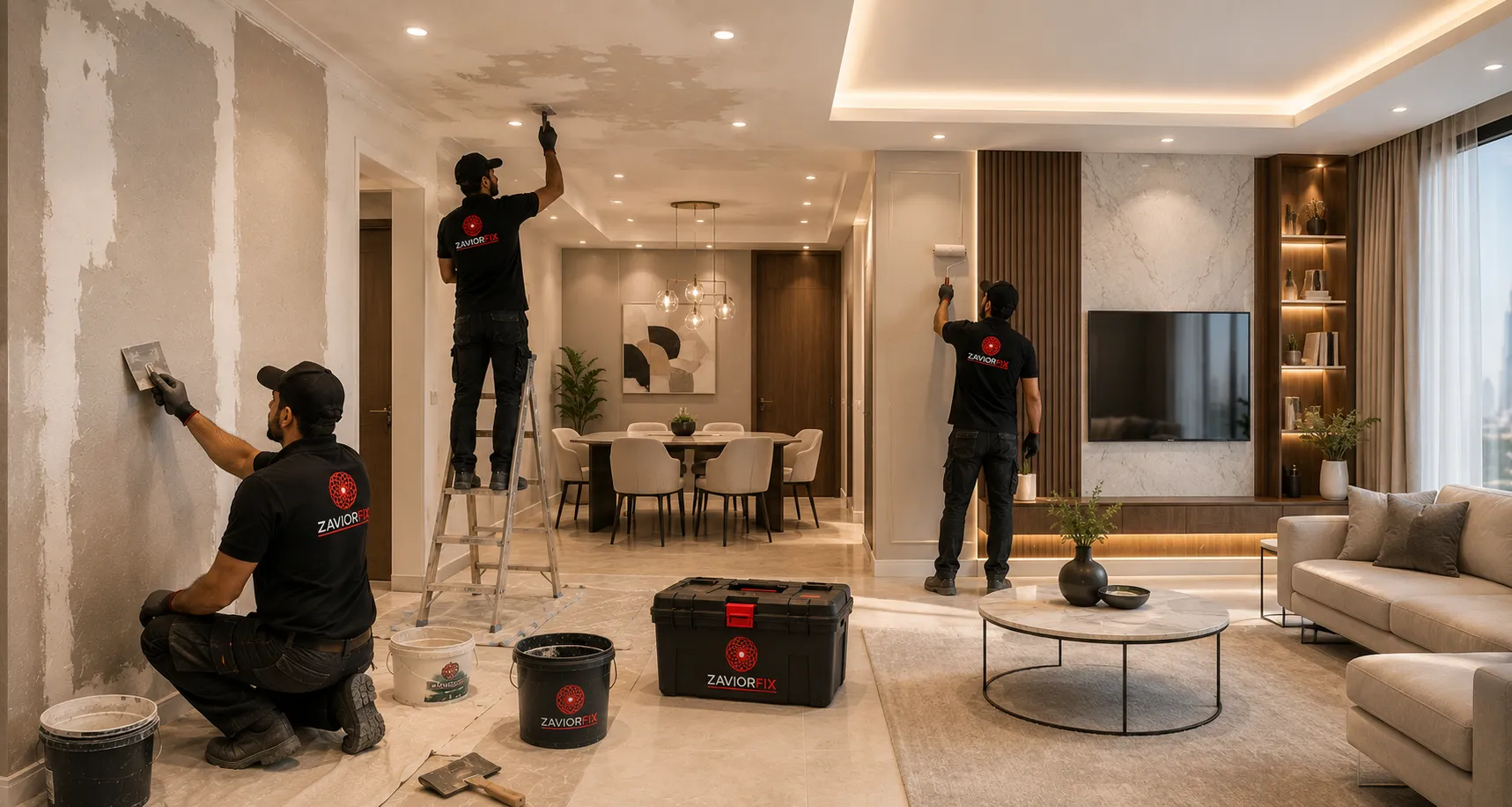 Professional mason installing wall tiles in a Dubai villa