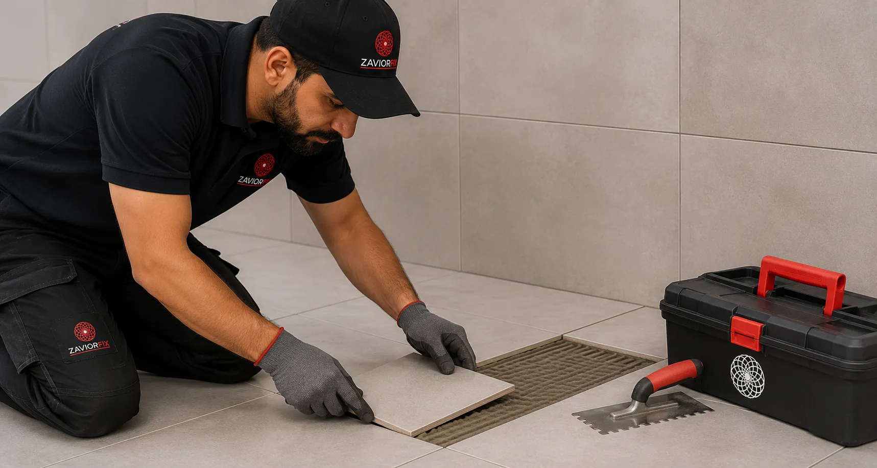 Professional mason installing wall tiles in a Dubai villa